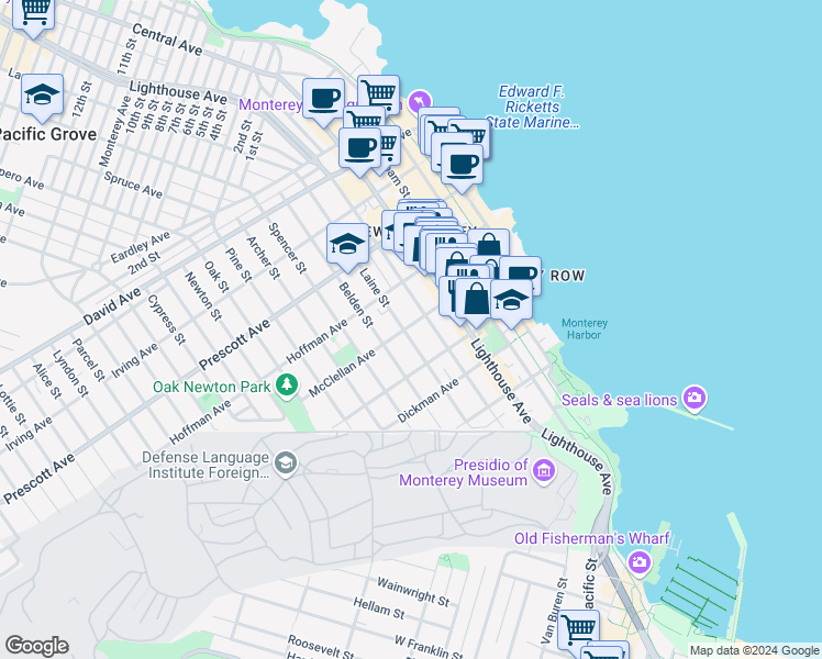 map of restaurants, bars, coffee shops, grocery stores, and more near 463 McClellan Avenue in Monterey