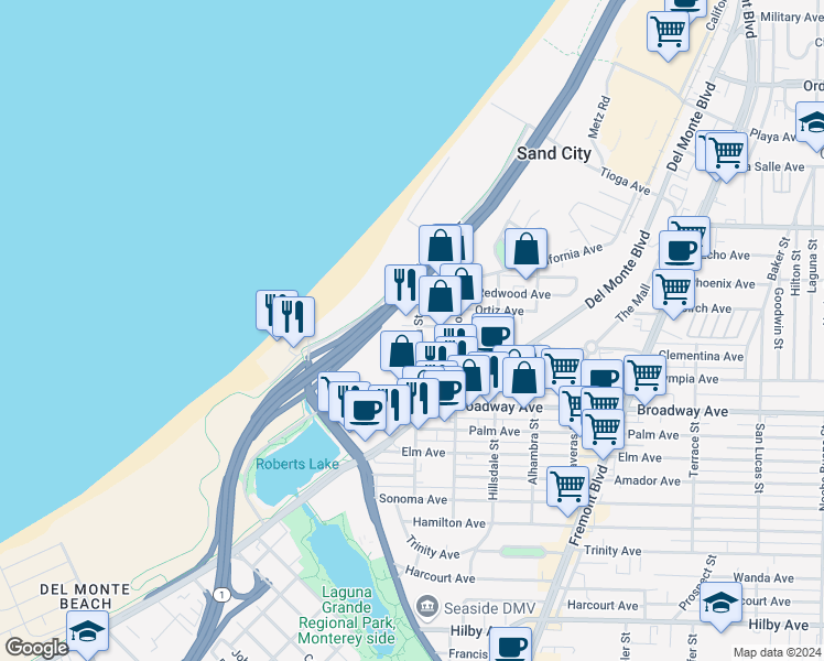 map of restaurants, bars, coffee shops, grocery stores, and more near 1793 Catalina Street in Seaside