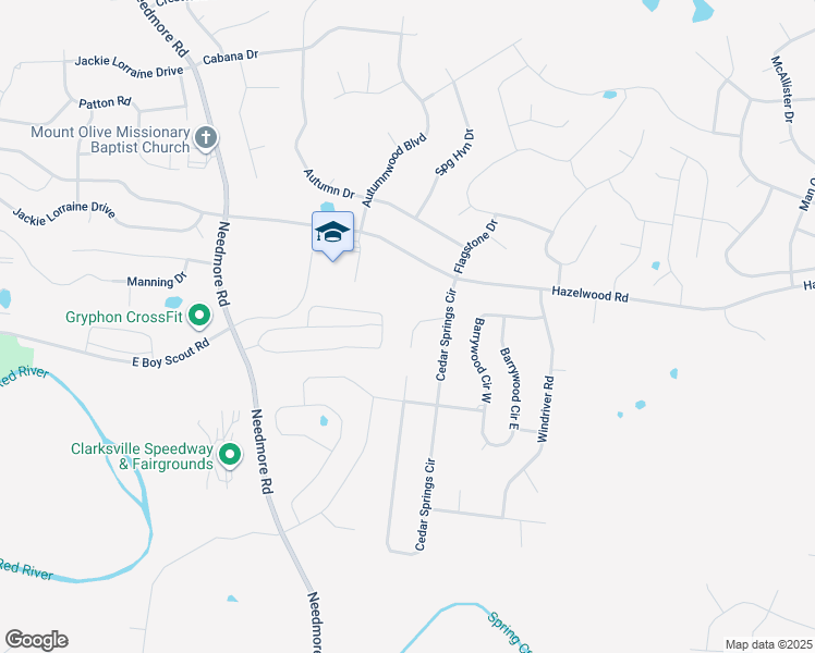 map of restaurants, bars, coffee shops, grocery stores, and more near 1660 Cedar Springs Court in Clarksville