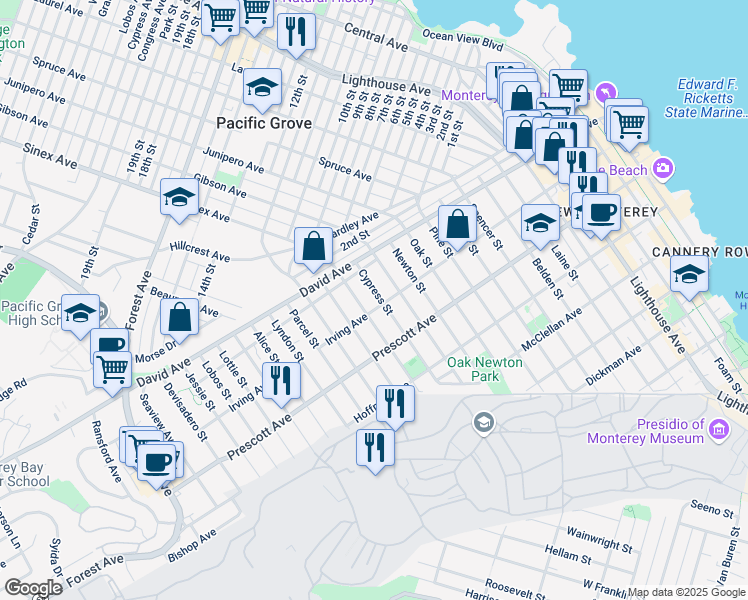 map of restaurants, bars, coffee shops, grocery stores, and more near 866 Filmore Street in Monterey
