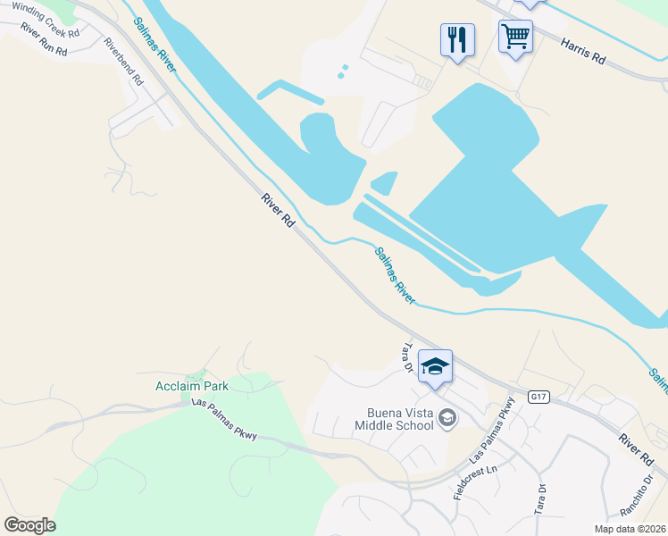 map of restaurants, bars, coffee shops, grocery stores, and more near 200 River Road in Salinas