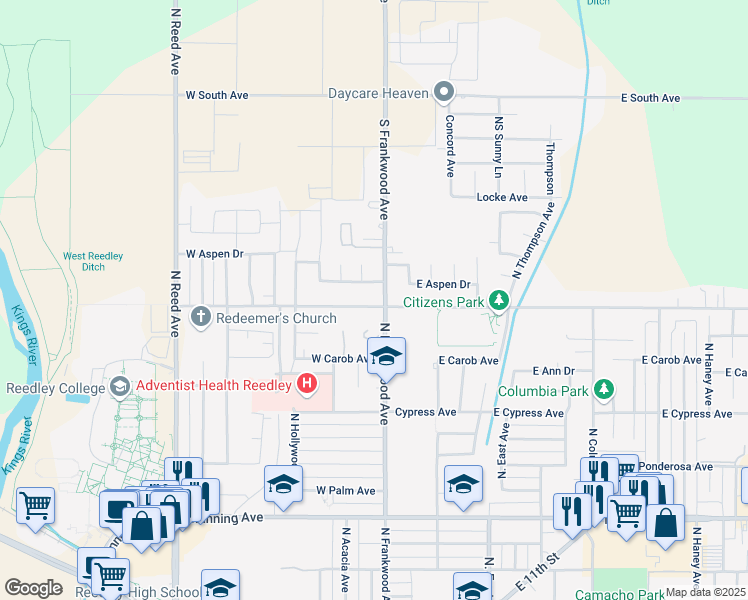 map of restaurants, bars, coffee shops, grocery stores, and more near 161 West Aspen Drive in Reedley