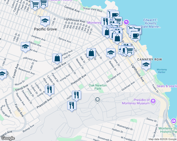 map of restaurants, bars, coffee shops, grocery stores, and more near 770 Newton Street in Monterey