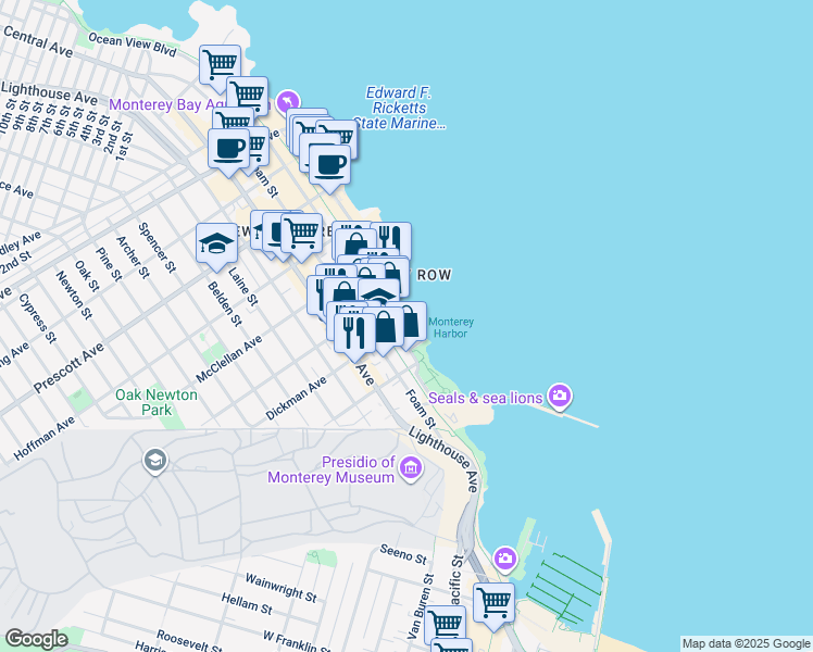 map of restaurants, bars, coffee shops, grocery stores, and more near 400 Cannery Row in Monterey