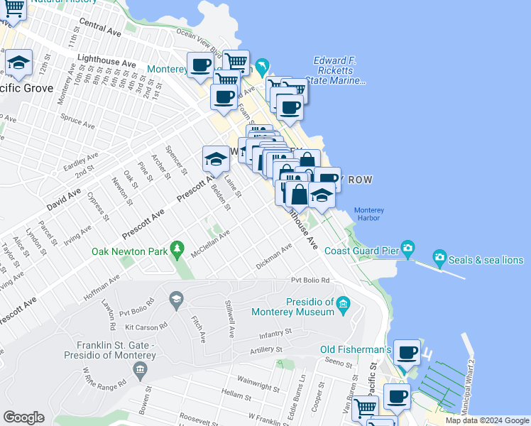 map of restaurants, bars, coffee shops, grocery stores, and more near 491 Hawthorne Street in Monterey