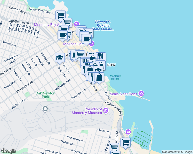 map of restaurants, bars, coffee shops, grocery stores, and more near 398 Foam Street in Monterey