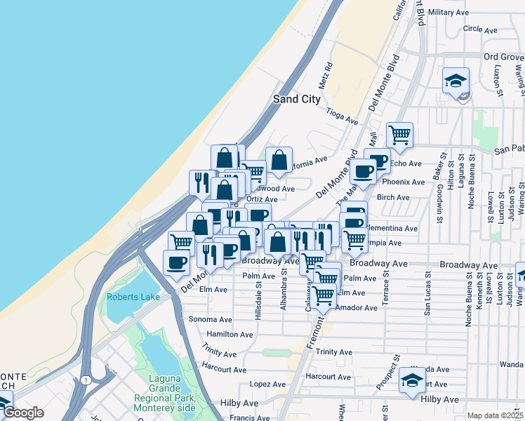 map of restaurants, bars, coffee shops, grocery stores, and more near 542 Ortiz Avenue in Sand City