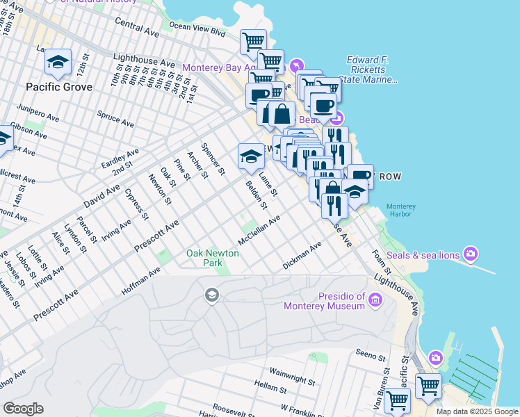 map of restaurants, bars, coffee shops, grocery stores, and more near 557 Laine Street in Monterey