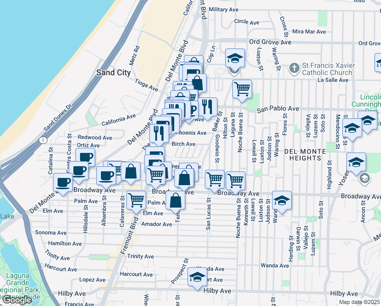 map of restaurants, bars, coffee shops, grocery stores, and more near 1146 Birch Avenue in Seaside