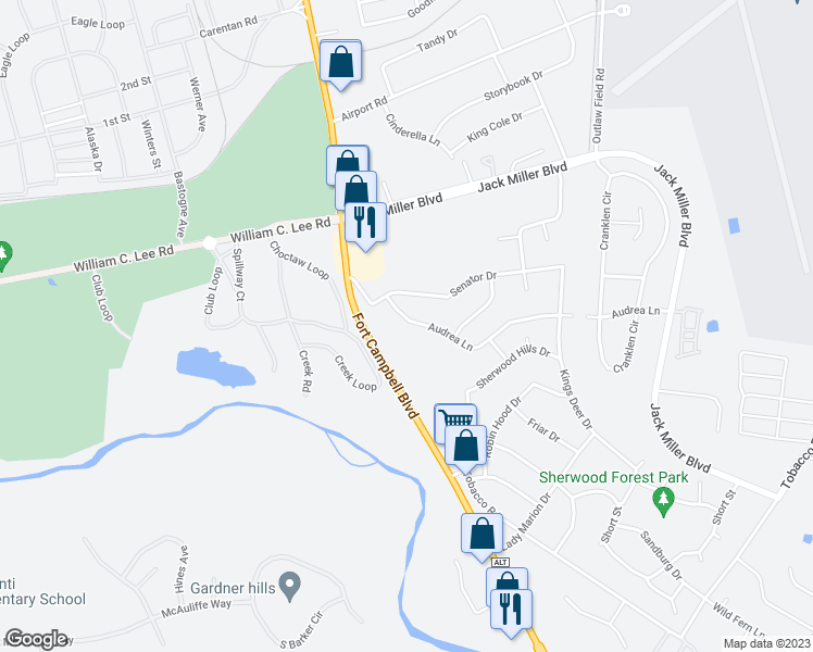 map of restaurants, bars, coffee shops, grocery stores, and more near 248 Audrea Lane in Clarksville