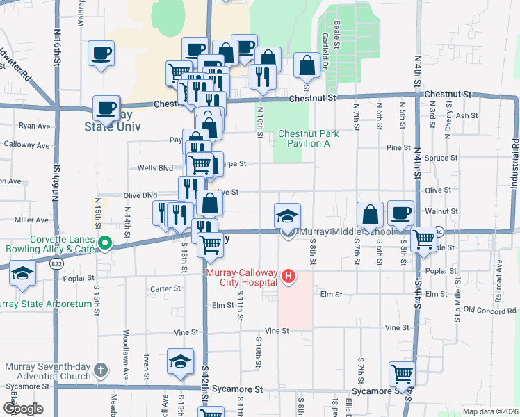 map of restaurants, bars, coffee shops, grocery stores, and more near 1004 Walnut Street in Murray
