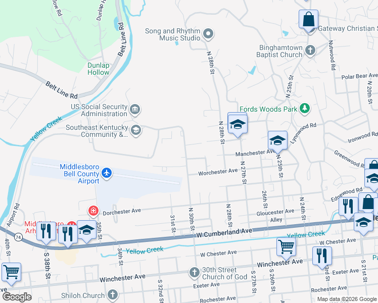 map of restaurants, bars, coffee shops, grocery stores, and more near 602 North Petersborough Avenue in Middlesboro