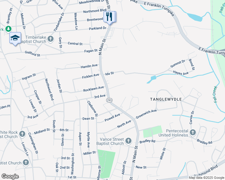 map of restaurants, bars, coffee shops, grocery stores, and more near 112 Tate Street in Danville