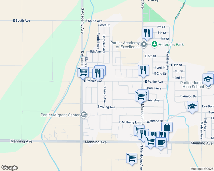 map of restaurants, bars, coffee shops, grocery stores, and more near 13195 East Parlier Avenue in Parlier