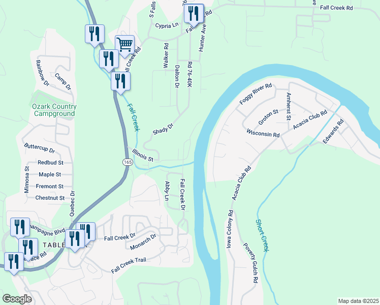 map of restaurants, bars, coffee shops, grocery stores, and more near 76 Anglers Pointe in Branson