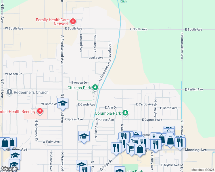 map of restaurants, bars, coffee shops, grocery stores, and more near 19362 East Parlier Avenue in Reedley