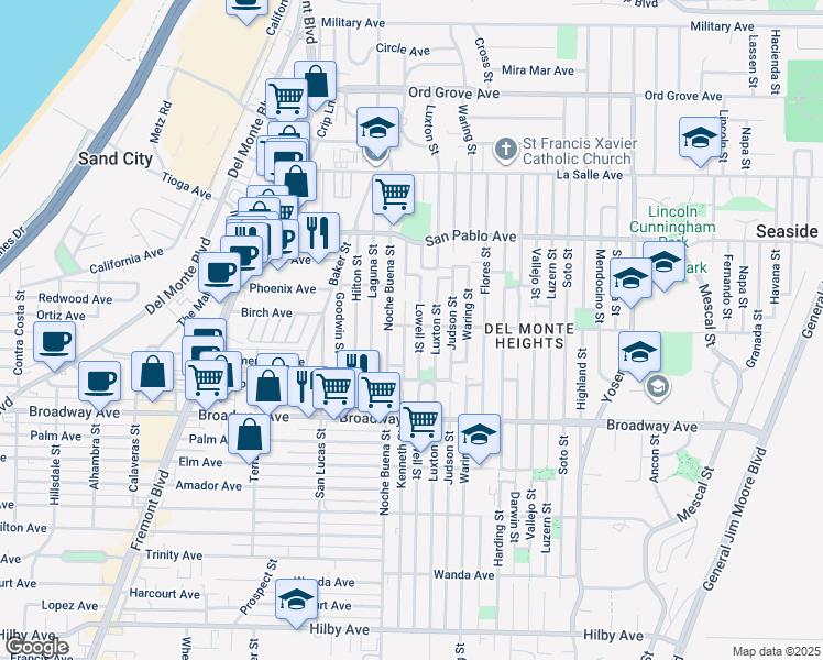 map of restaurants, bars, coffee shops, grocery stores, and more near 1698 Kenneth Street in Seaside