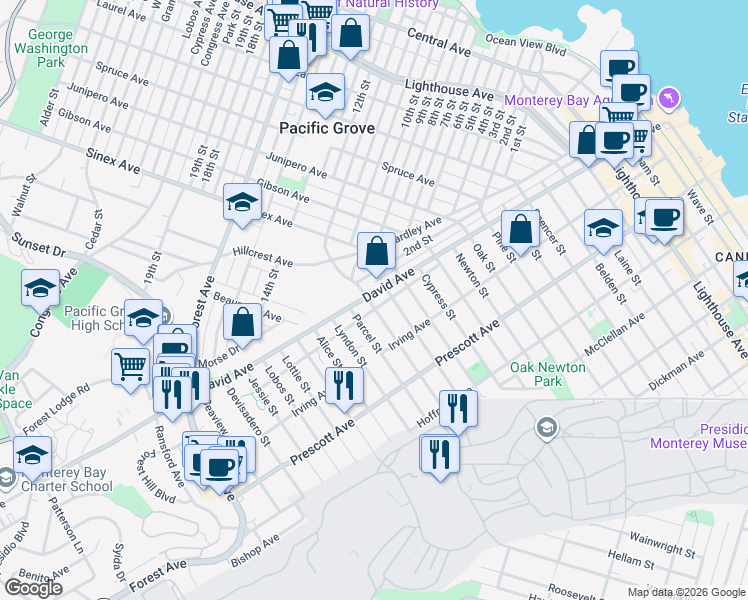 map of restaurants, bars, coffee shops, grocery stores, and more near 901 Grace Street in Monterey