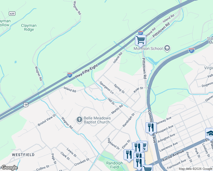 map of restaurants, bars, coffee shops, grocery stores, and more near 463 Spurgeon Lane in Bristol