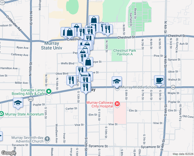 map of restaurants, bars, coffee shops, grocery stores, and more near 1004 Walnut Street in Murray