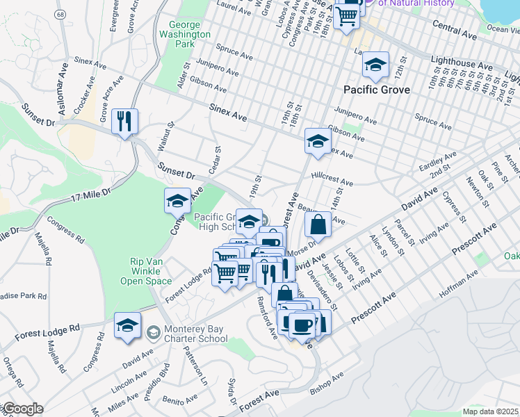 map of restaurants, bars, coffee shops, grocery stores, and more near 642 Sunset Drive in Pacific Grove