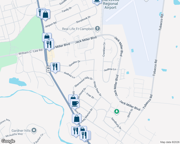 map of restaurants, bars, coffee shops, grocery stores, and more near 294 Audrea Lane in Clarksville
