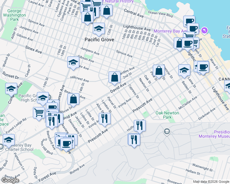 map of restaurants, bars, coffee shops, grocery stores, and more near 901 Grace Street in Monterey