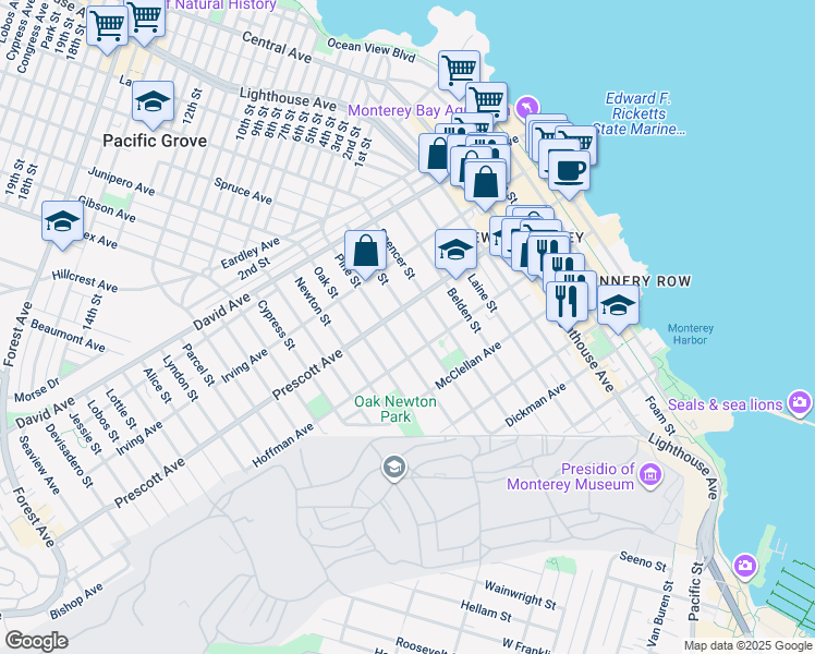 map of restaurants, bars, coffee shops, grocery stores, and more near 663 Archer Street in Monterey