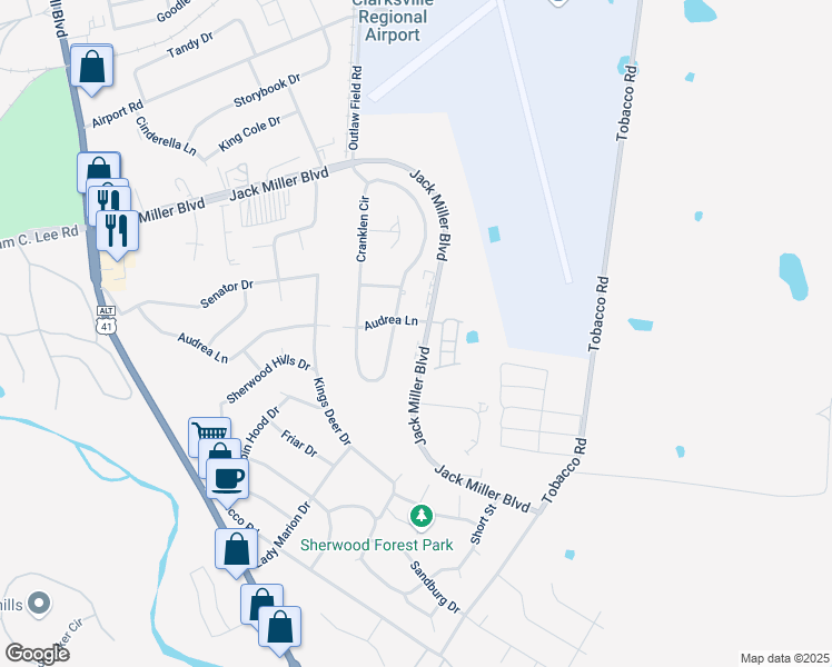 map of restaurants, bars, coffee shops, grocery stores, and more near 330 Audrea Lane in Clarksville