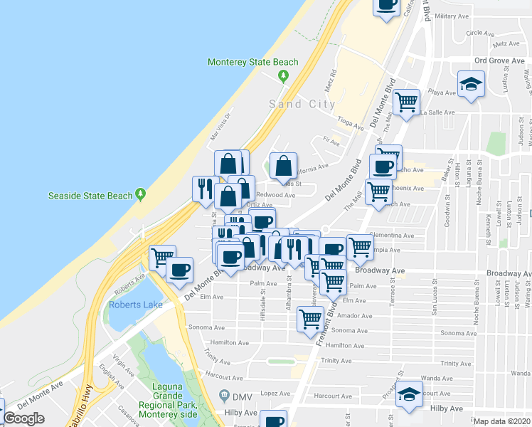 map of restaurants, bars, coffee shops, grocery stores, and more near 600 Ortiz Avenue in Seaside