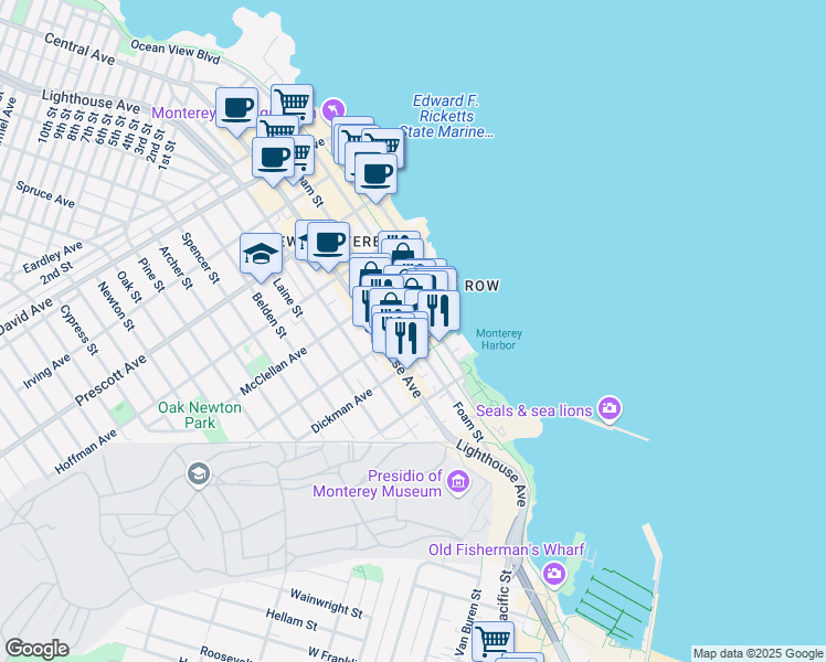 map of restaurants, bars, coffee shops, grocery stores, and more near 398 Foam Street in Monterey