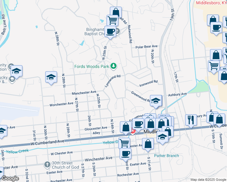 map of restaurants, bars, coffee shops, grocery stores, and more near 498 Englewood Road in Middlesboro