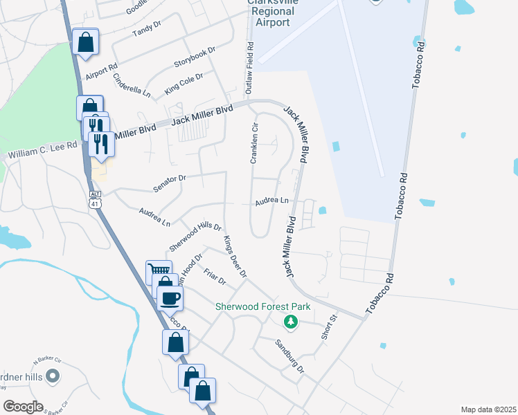 map of restaurants, bars, coffee shops, grocery stores, and more near 316 Audrea Lane in Clarksville