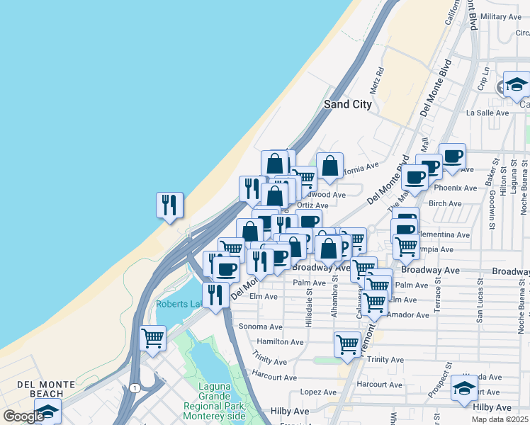 map of restaurants, bars, coffee shops, grocery stores, and more near 325 Elder Avenue in Seaside