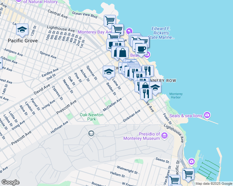 map of restaurants, bars, coffee shops, grocery stores, and more near 557 Laine Street in Monterey