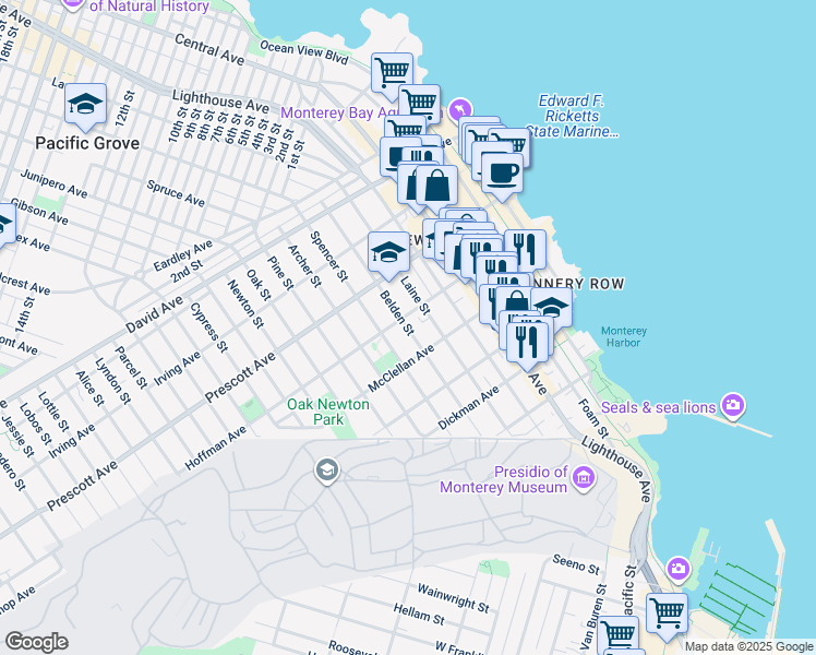 map of restaurants, bars, coffee shops, grocery stores, and more near 557 Laine Street in Monterey