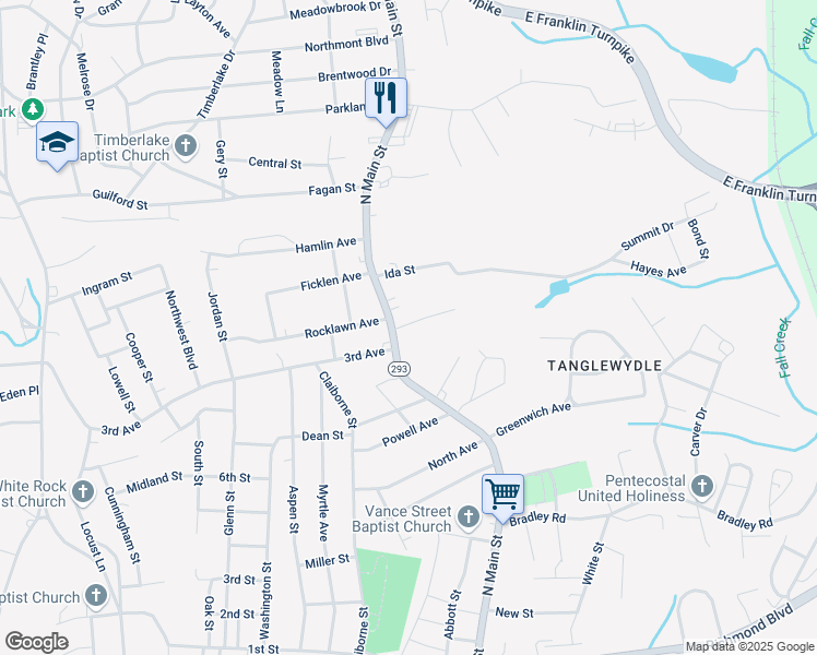 map of restaurants, bars, coffee shops, grocery stores, and more near 112 Tate Street in Danville