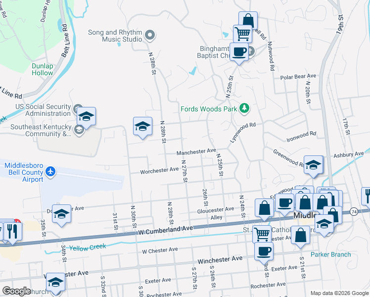 map of restaurants, bars, coffee shops, grocery stores, and more near 614 North 27th Street in Middlesboro
