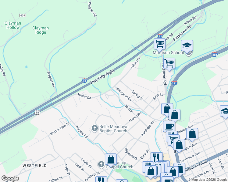 map of restaurants, bars, coffee shops, grocery stores, and more near 613 Hill Drive in Bristol