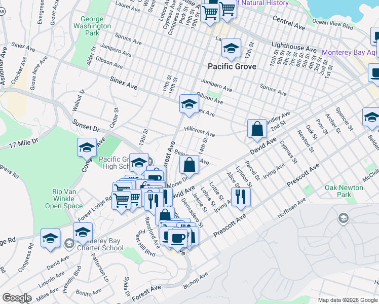 map of restaurants, bars, coffee shops, grocery stores, and more near 518 Beaumont Avenue in Pacific Grove
