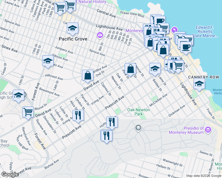 map of restaurants, bars, coffee shops, grocery stores, and more near 805 Lily Street in Monterey