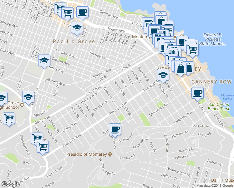 map of restaurants, bars, coffee shops, grocery stores, and more near 1101 Irving Avenue in Monterey