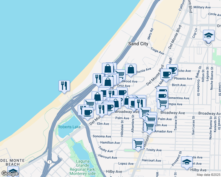 map of restaurants, bars, coffee shops, grocery stores, and more near 495 Elder Avenue in Sand City