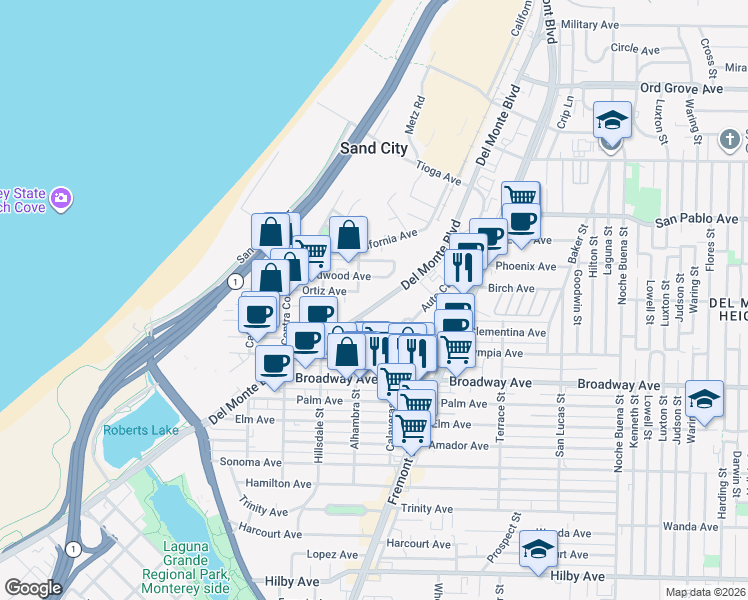 map of restaurants, bars, coffee shops, grocery stores, and more near 1711 Del Monte Boulevard in Seaside