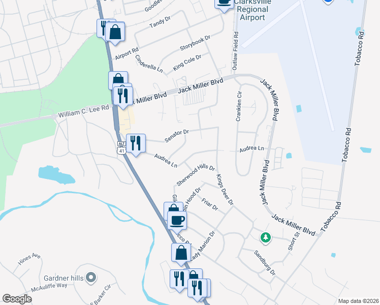 map of restaurants, bars, coffee shops, grocery stores, and more near 283 Audrea Lane in Clarksville