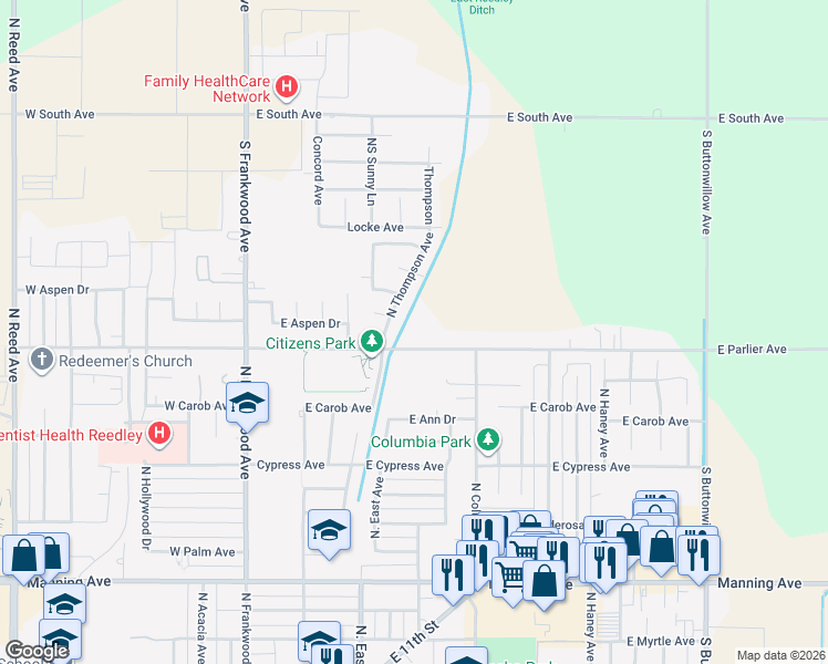 map of restaurants, bars, coffee shops, grocery stores, and more near 19362 East Parlier Avenue in Reedley
