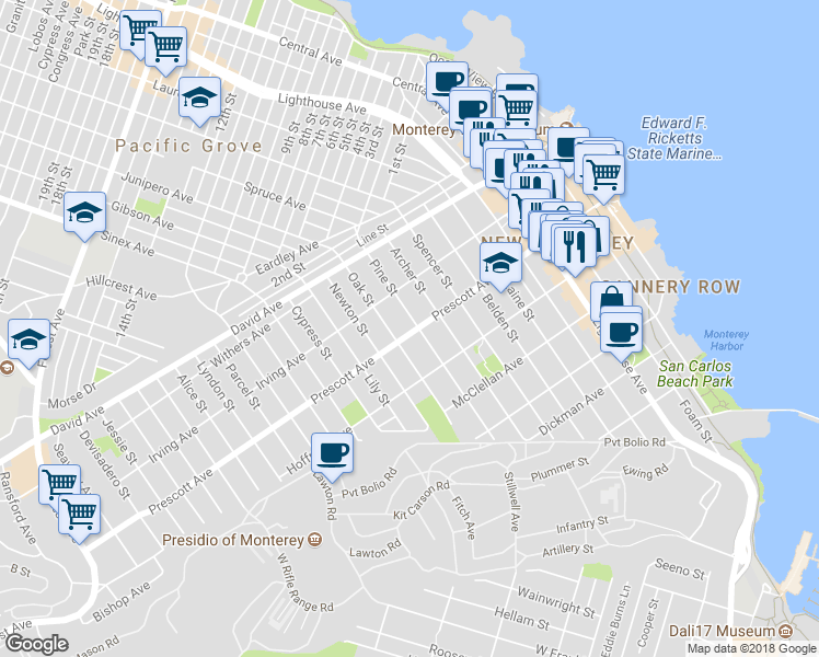 map of restaurants, bars, coffee shops, grocery stores, and more near 701 Pine Street in Monterey