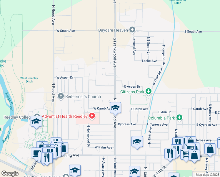 map of restaurants, bars, coffee shops, grocery stores, and more near 161 West Aspen Drive in Reedley