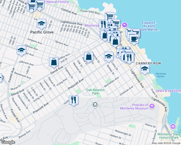 map of restaurants, bars, coffee shops, grocery stores, and more near 701 Pine Street in Monterey