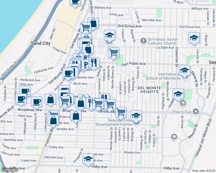 map of restaurants, bars, coffee shops, grocery stores, and more near 1701 Hilton Street in Seaside